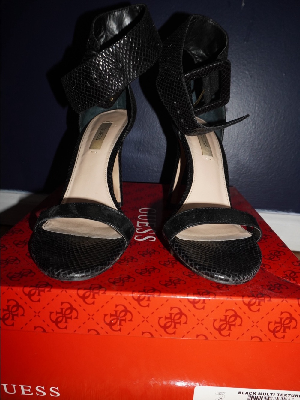 Guess Black Snake-Embossed Ankle-Strap High Heels